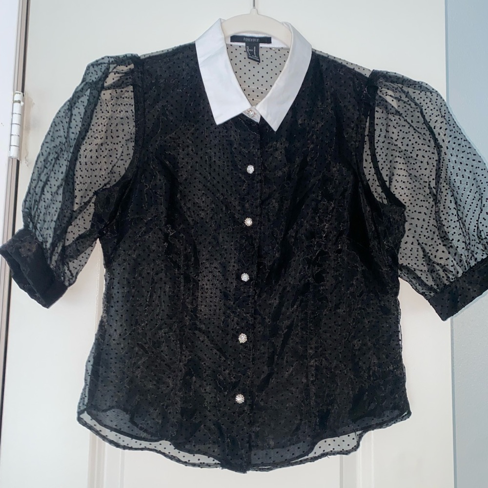 Black and whites dotted mesh button down top